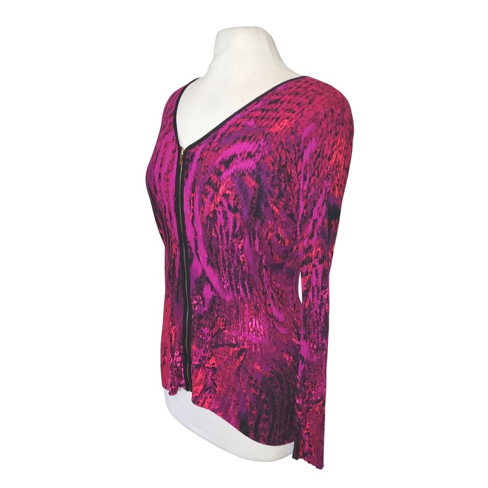VTG Y2K Cache Fuchsia Black Abstract Ribbed Knit Slim Fit Full Zip Sweater M - Picture 2 of 7